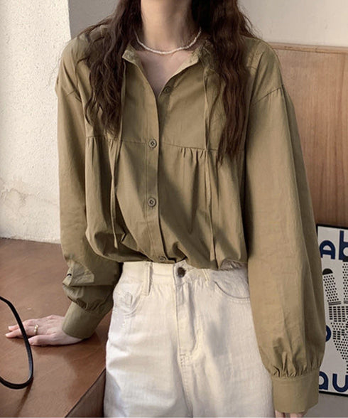 フリル衿ブラウス 長袖タックシャツ韓国風 大人可愛い ボリューム袖シャツ レディースおしゃれ キレイめトップス リボンブラウス ゆったり 体型カバー春秋服 着やせ 1SUYUZI-007